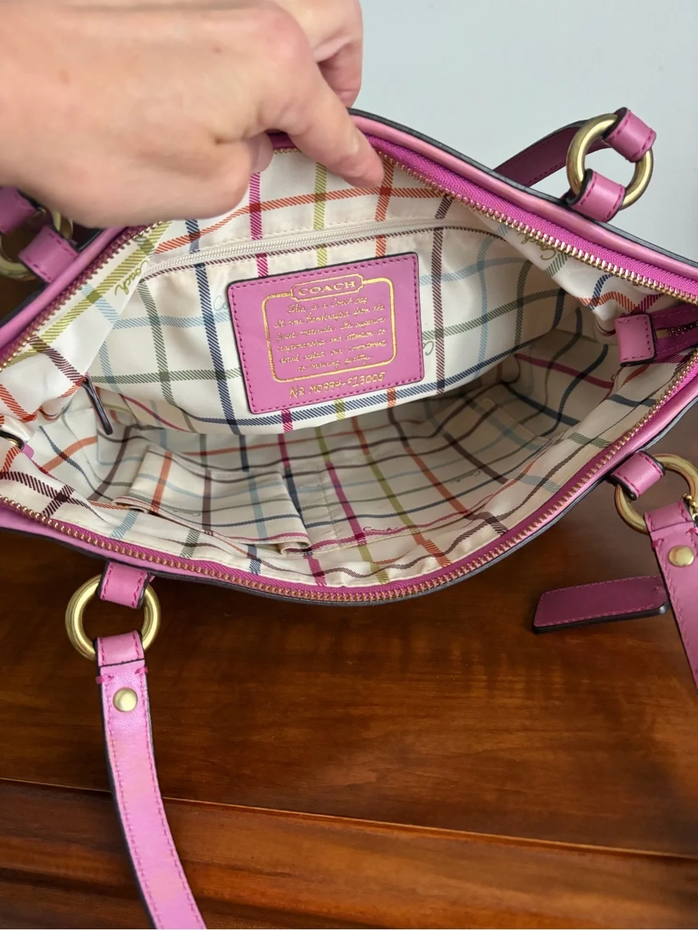 Coach Brown Signature Canvas Tote with Pink Trim Tattersall Lining *READ*